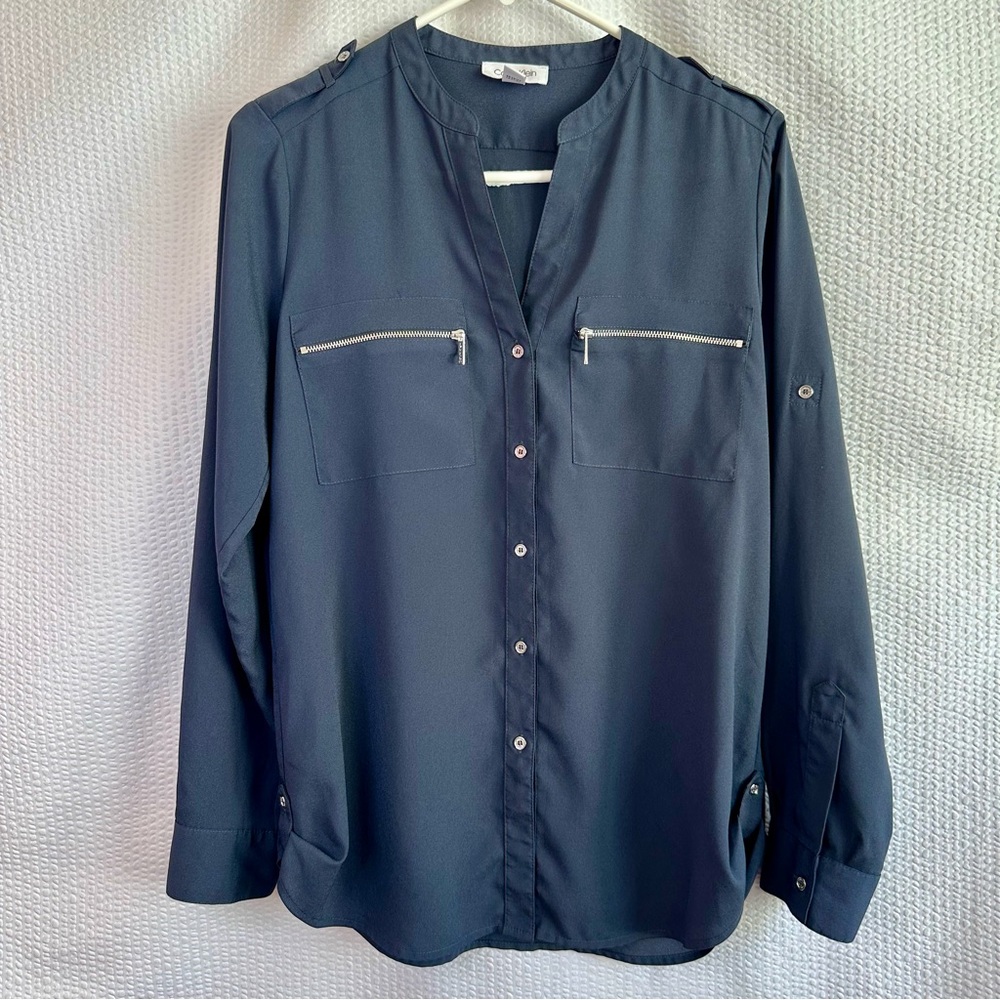 CALVIN KLEIN Blue Button Front Blouse Women’s Small Long Sleeve Work Office Top